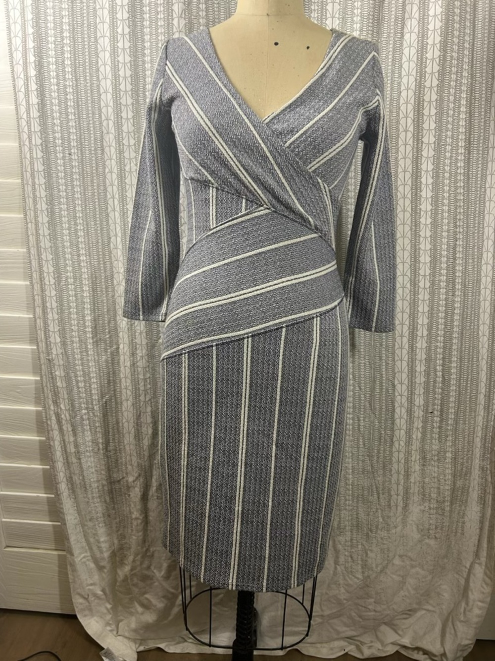 Maeve Navy and White Striped Wrap-Style Midi Dress